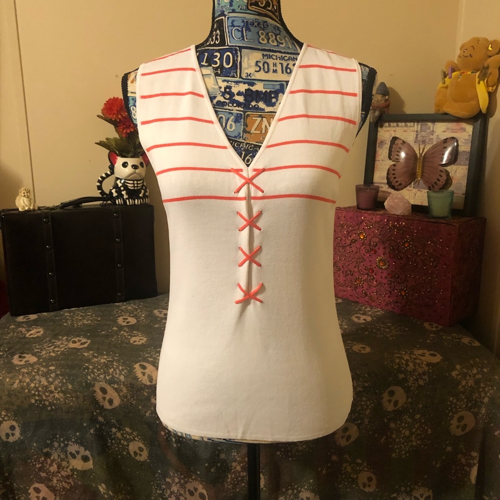 Vintage 80’s High Point White/Coral/Orange Faux Lace Up/Cross Stitch Tank Top
